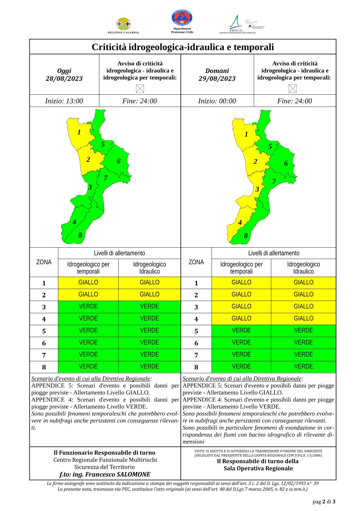 Criticità idrogeologica-idraulica e temporali in Calabria 28-08-2023