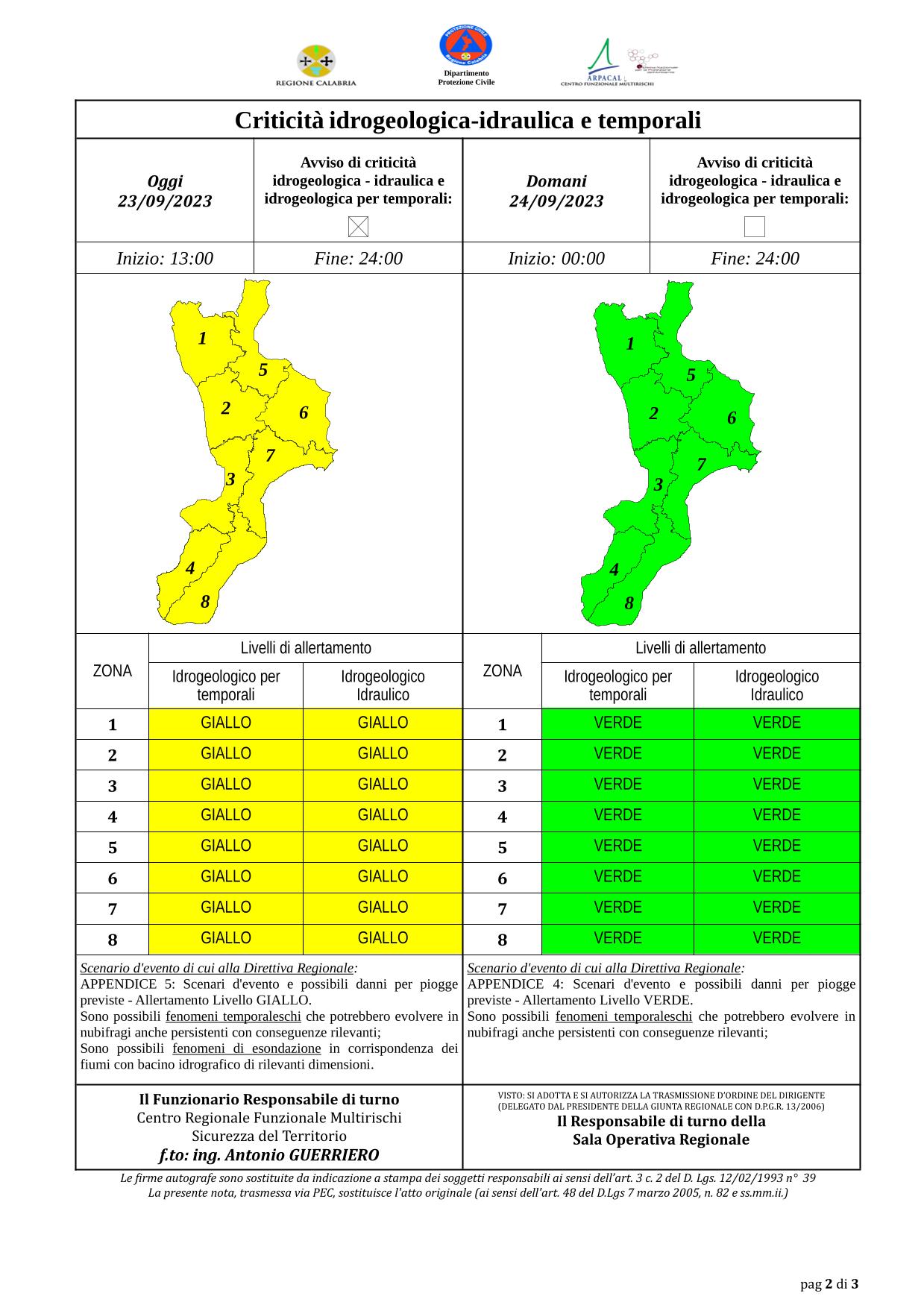 Criticità idrogeologica-idraulica e temporali in Calabria 23-09-2023