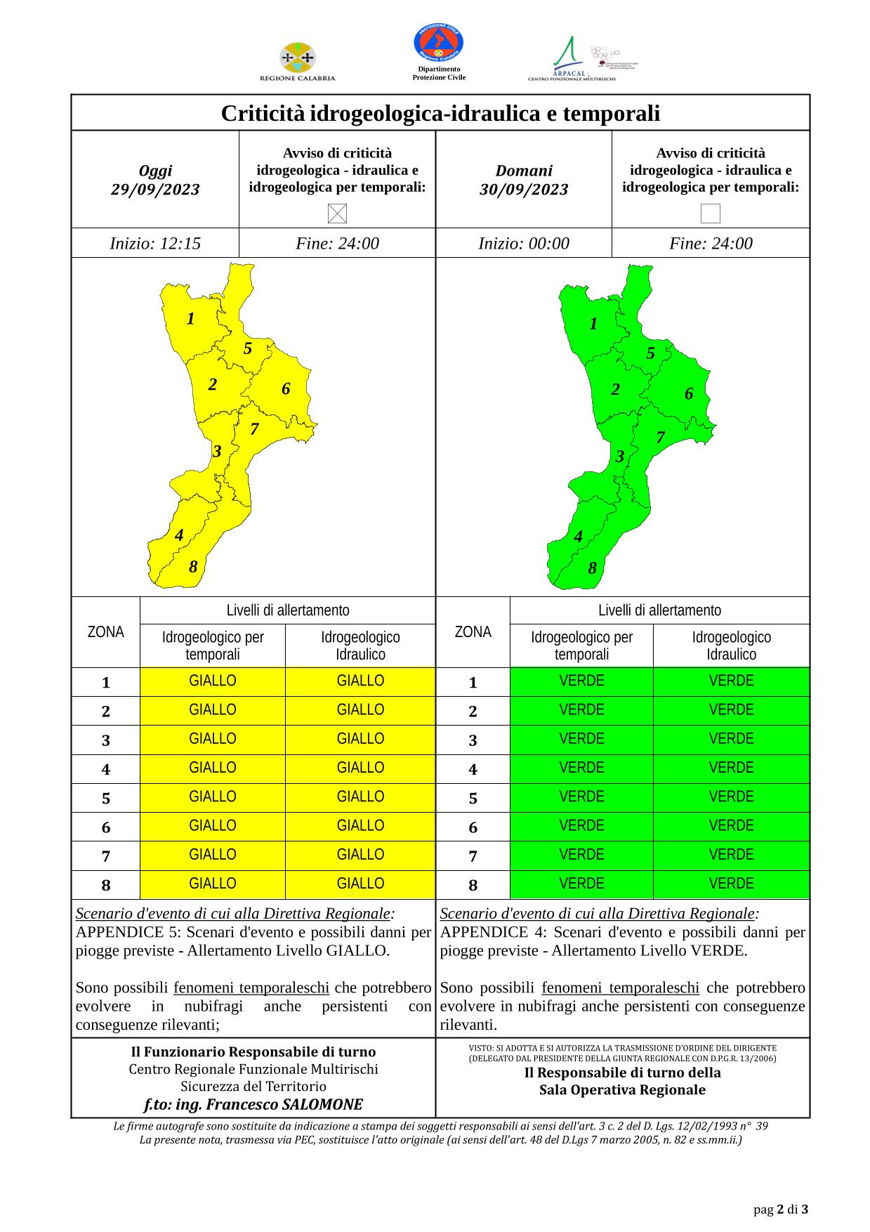 Criticità idrogeologica-idraulica e temporali in Calabria 29-09-2023