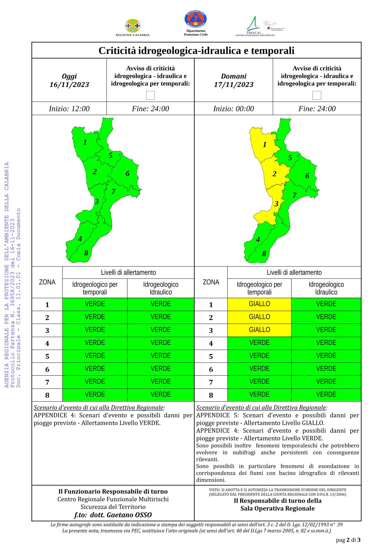 Criticità idrogeologica-idraulica e temporali in Calabria 16-11-2023