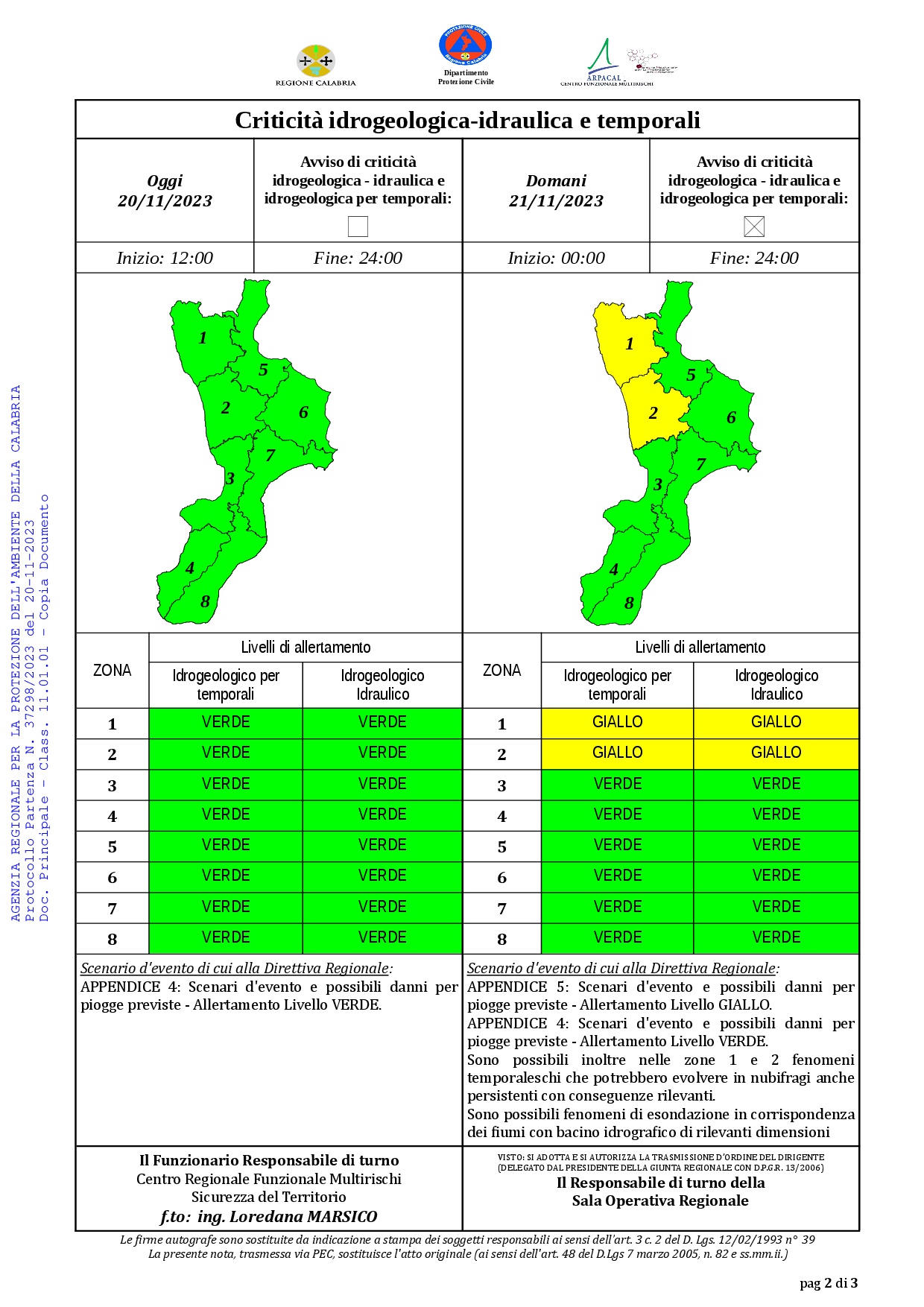 Criticità idrogeologica-idraulica e temporali in Calabria 20-11-2023