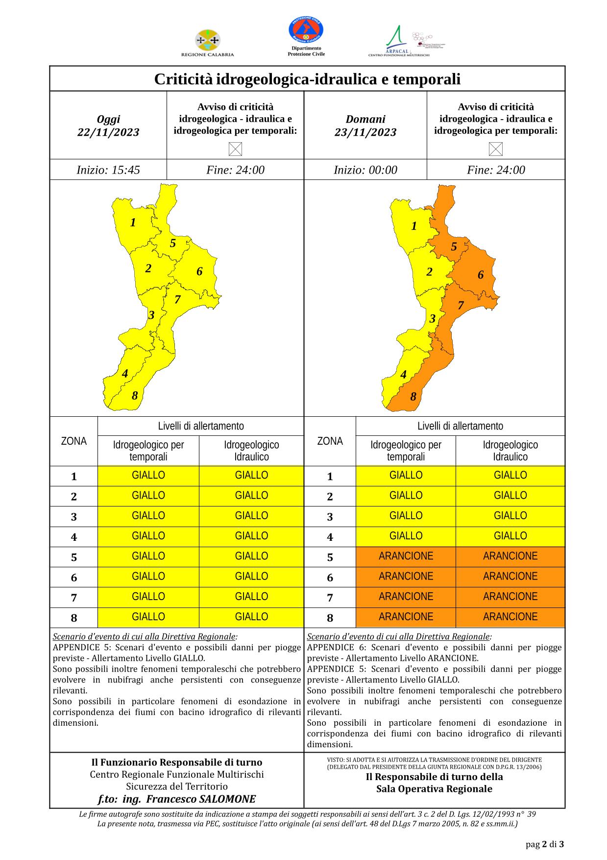 Criticità idrogeologica-idraulica e temporali in Calabria 22-11-2023
