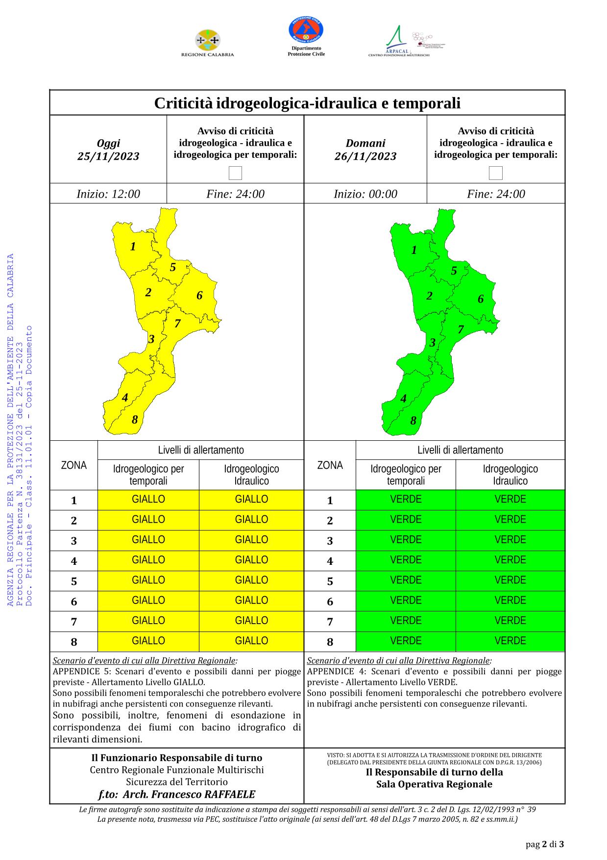 Criticità idrogeologica-idraulica e temporali in Calabria 25-11-2023