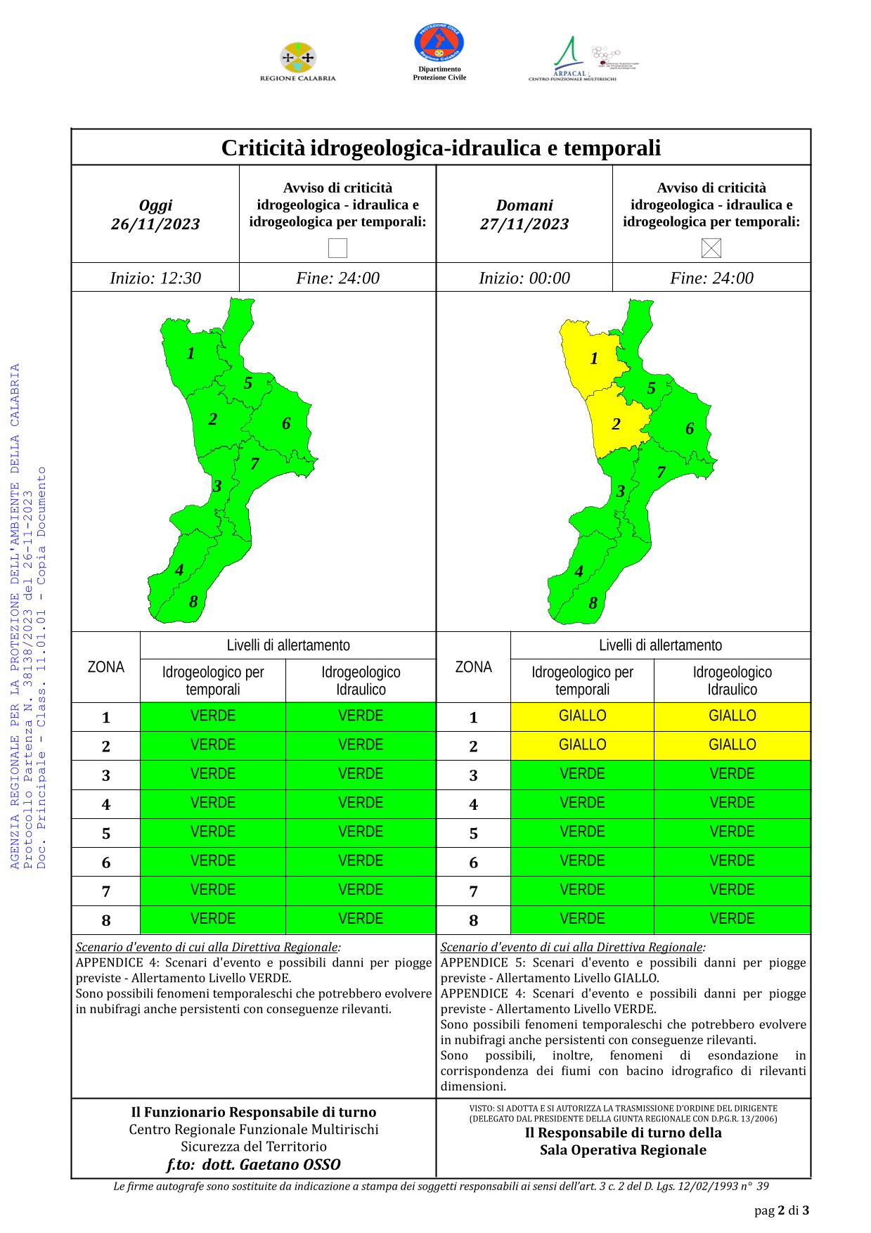 Criticità idrogeologica-idraulica e temporali in Calabria 26-11-2023