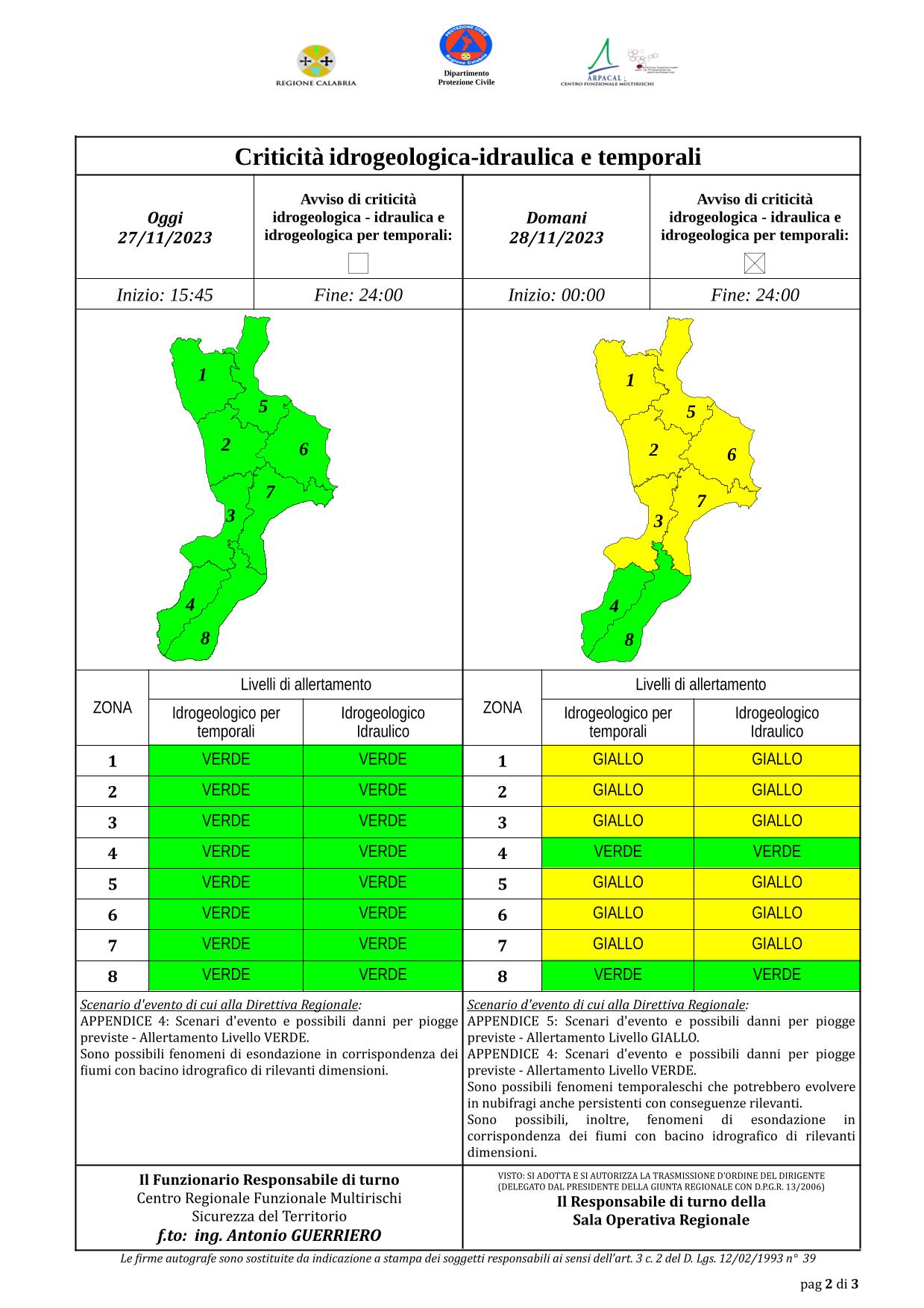 Criticità idrogeologica-idraulica e temporali in Calabria 27-11-2023