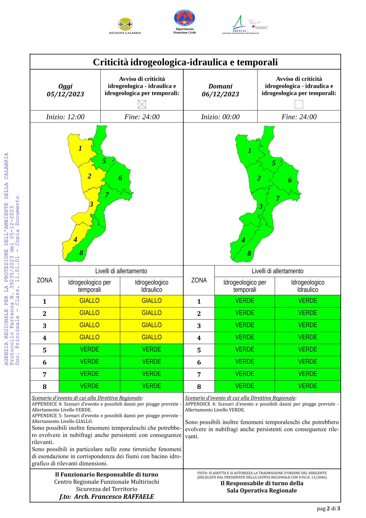 Criticità idrogeologica-idraulica e temporali in Calabria 06-12-2023