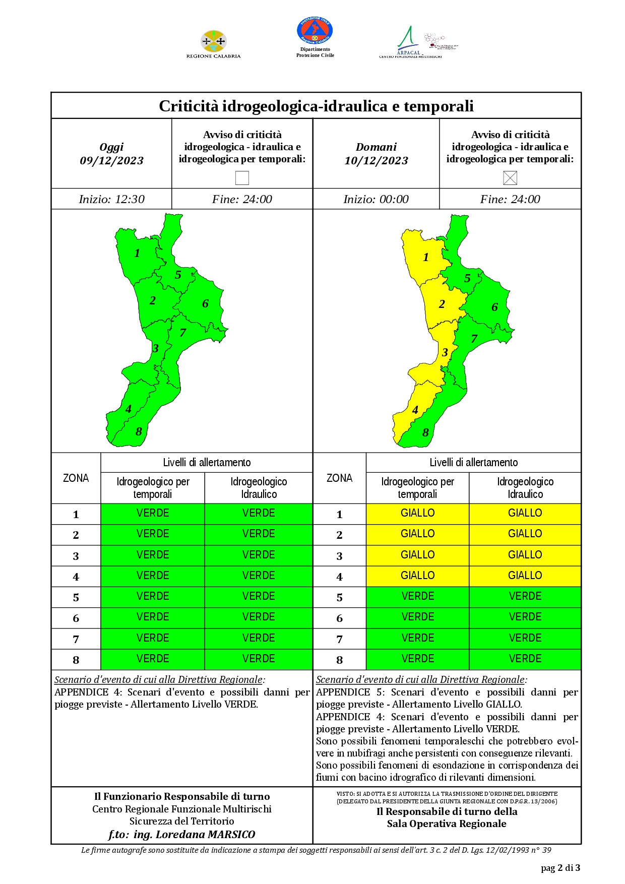 Criticità idrogeologica-idraulica e temporali in Calabria 09-12-2023