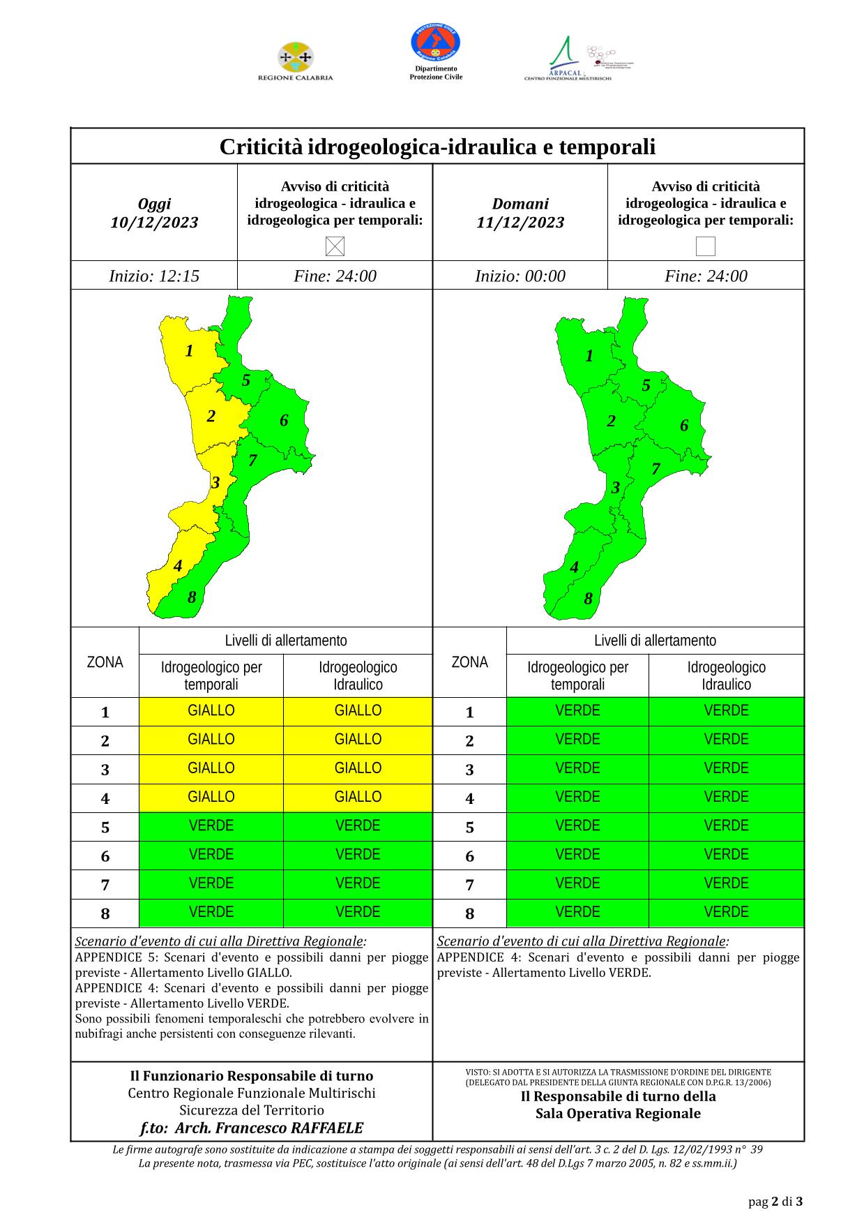 Criticità idrogeologica-idraulica e temporali in Calabria 10-12-2023