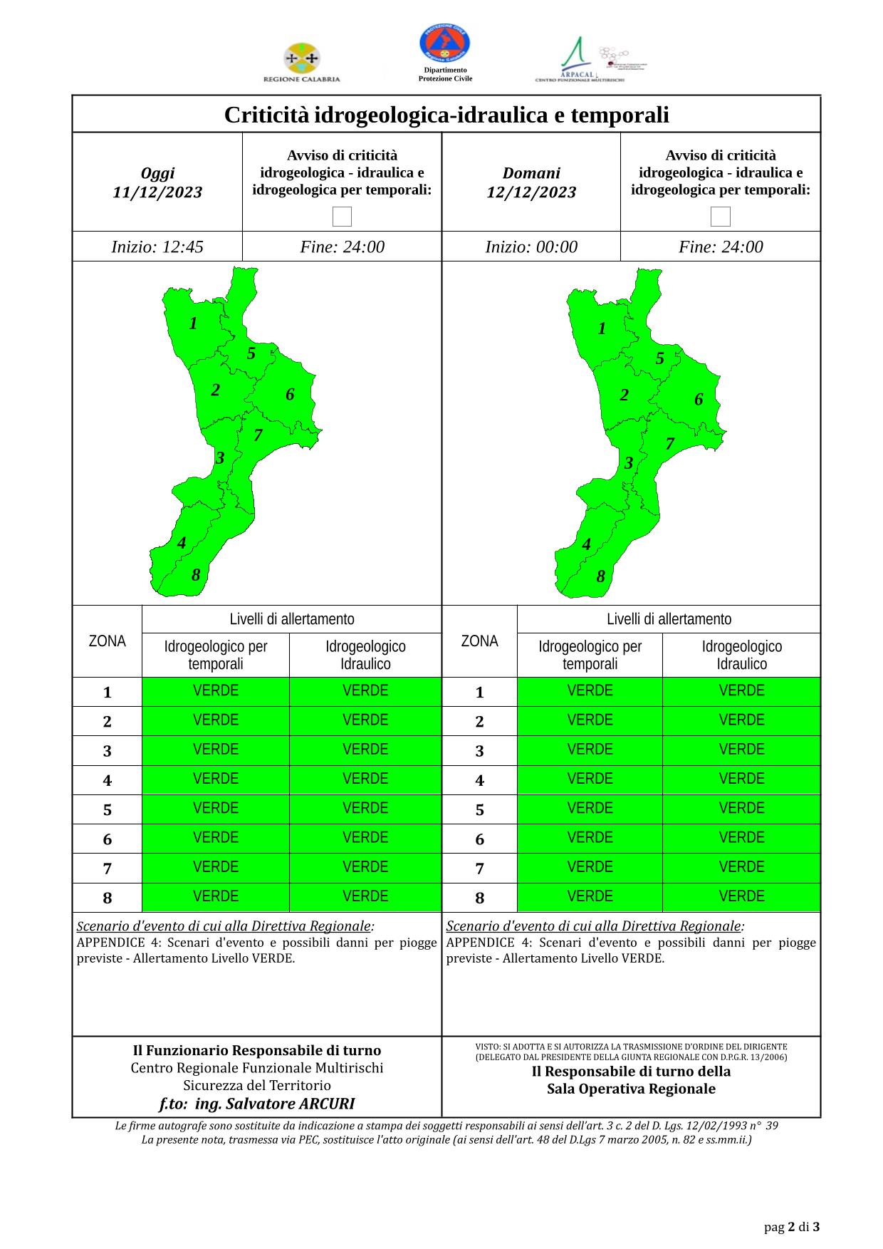 Criticità idrogeologica-idraulica e temporali in Calabria 11-12-2023