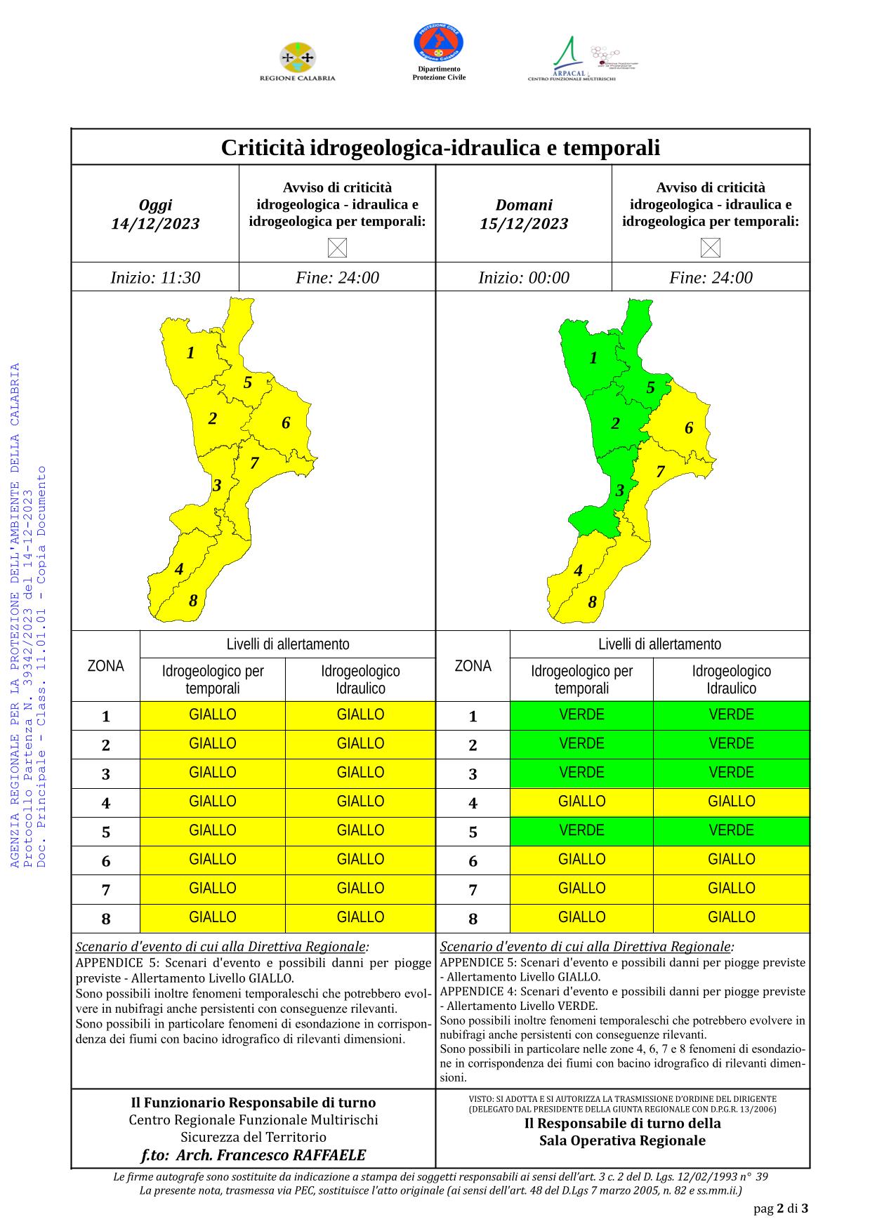 Criticità idrogeologica-idraulica e temporali in Calabria 14-12-2023