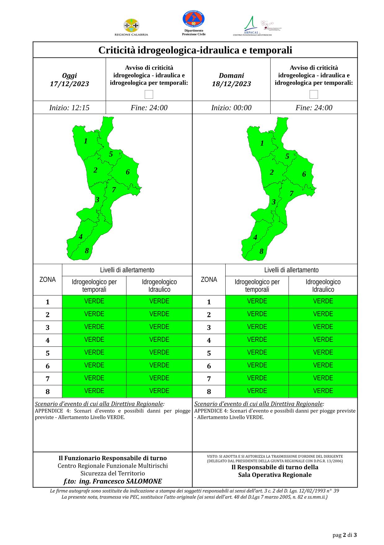 Criticità idrogeologica-idraulica e temporali in Calabria 17-12-2023